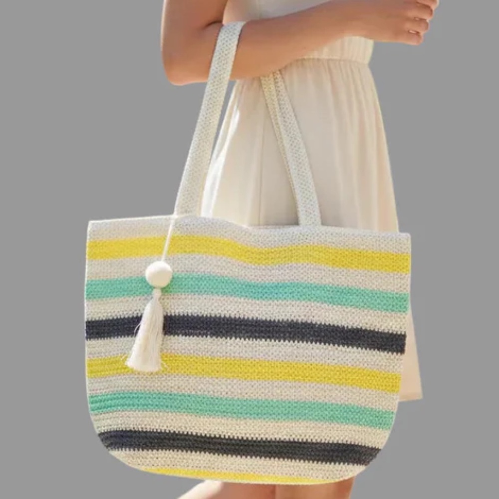 NWT Pom Pom Tassel Multi Color Striped Tote Bag Beach Bag